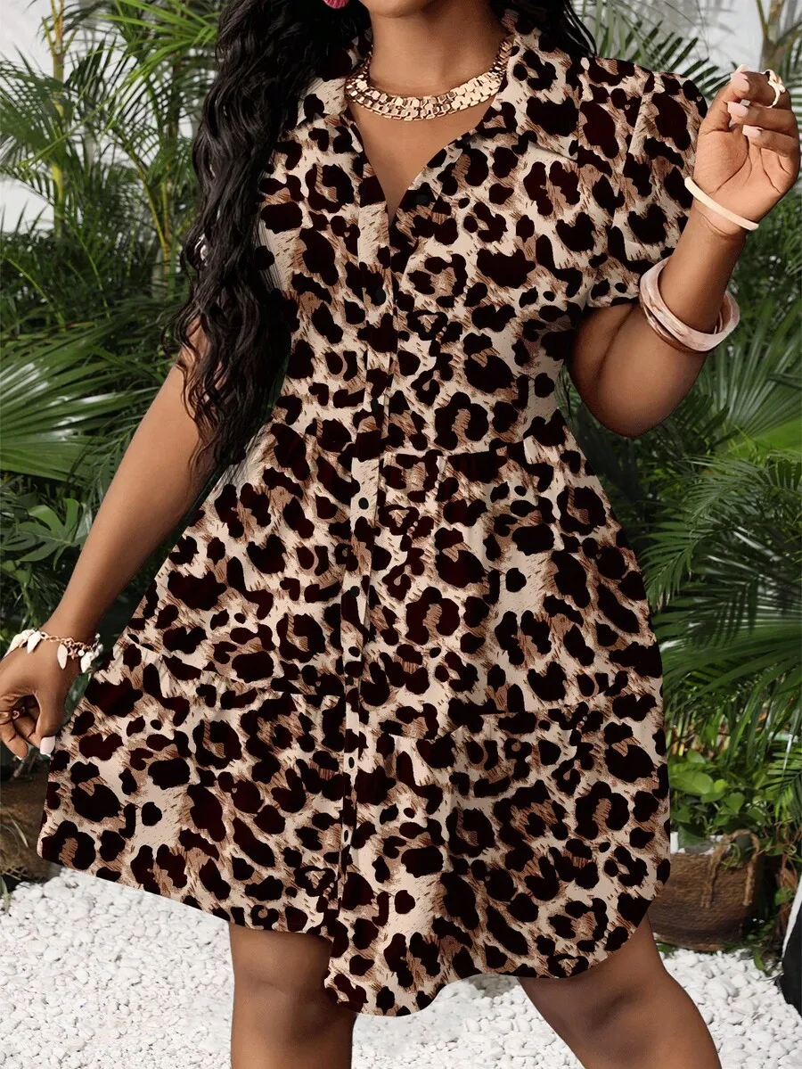 

Plus Size Leopard Print Mini Dress Casual Summer Vacation Dress