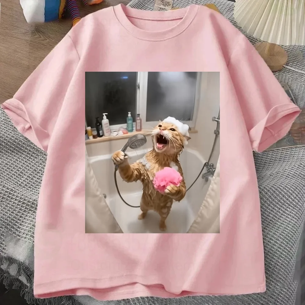 Funny Singing Cat Shower Cartoon Graphic Vintage Men'S T-Shirt Casual Tshirts O-neck short-sleeved Tee Tops Streetwear Oversized