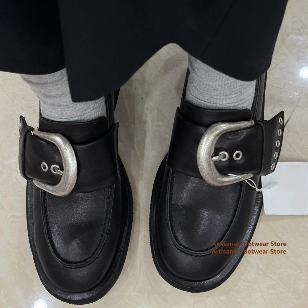 

Black Leather Belt Buckle Loafers Men's Shoes Metal Buckle Punk Style Derby Shoes Trendy Luxury Handmade New In Men's Shoes