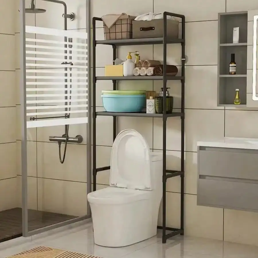 

Black And White Over-The-Toilet Bathroom Shelf, 4-Tier Metal Space-Saving Storage Rack For Bathroom Organization