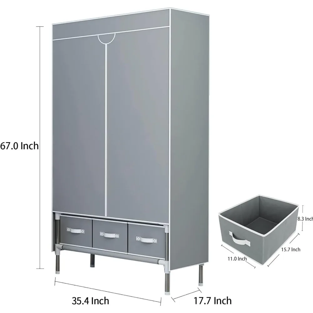 Portable Clothes Closet Rolling Door Wardrobe with Hanging Rack Non-Woven Fabric Storage Organizer with Three Drawer Boxes