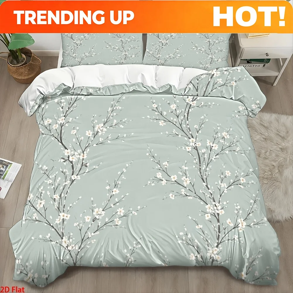 Customize 3Pcsss Chinese Elegant Cherry Blossom Branch Print Duvet Cover Set, 3Pcsss Bedding (1* Duvet Cover + 2* Pillowcases),
