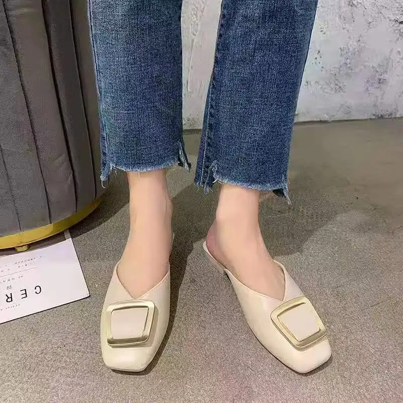 2023 Summer Women\'s Slippers Wrapped Half Slippers Low Heel Women\'s Comfortable Sandals Solid Color Casual Women\'s Slippers 40