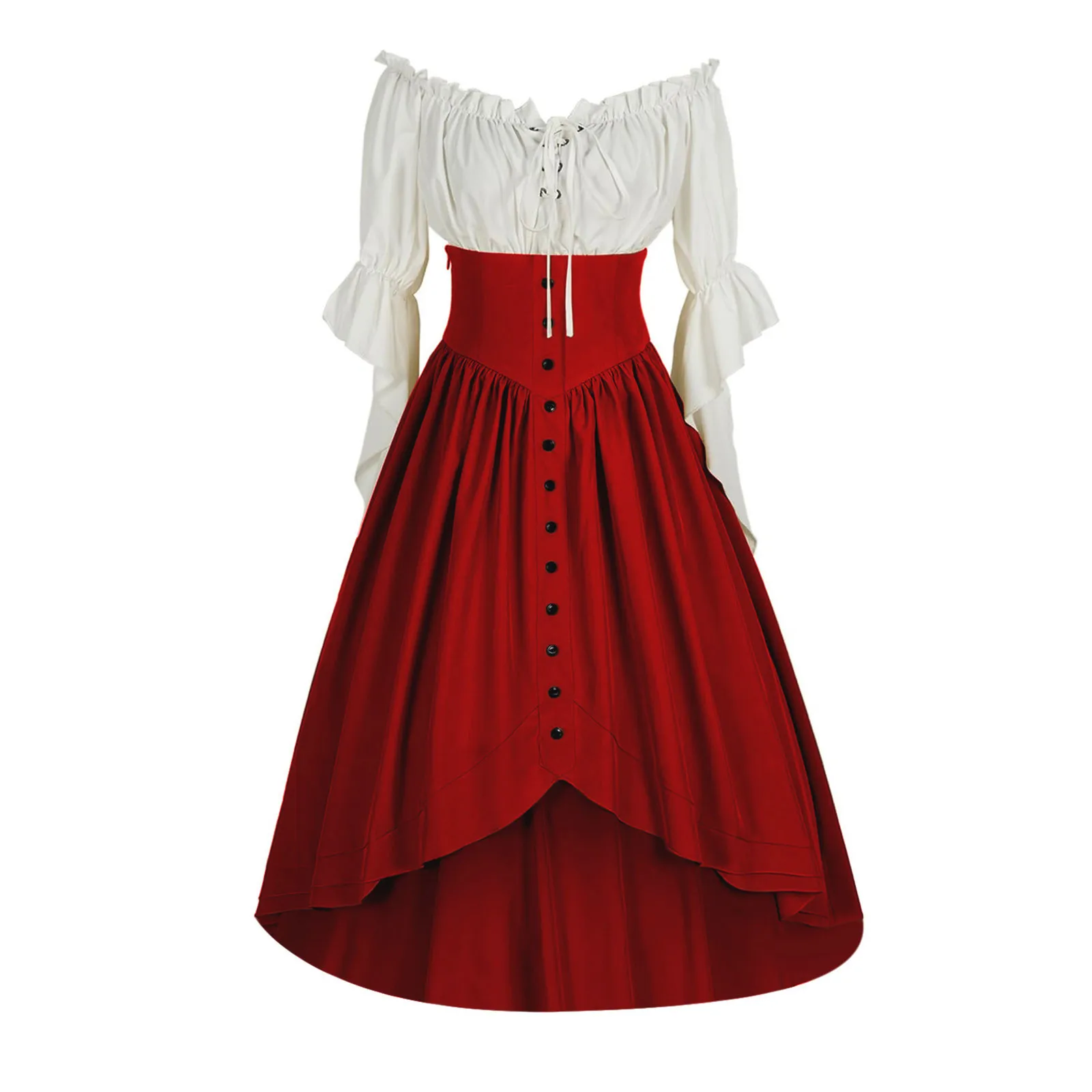Women Medieval Pirate Costume Renaissance Victorian Contrast Color Dress Off Shoulder Ruffle Sleeve High Waist A-Line Maxi Dress view 3