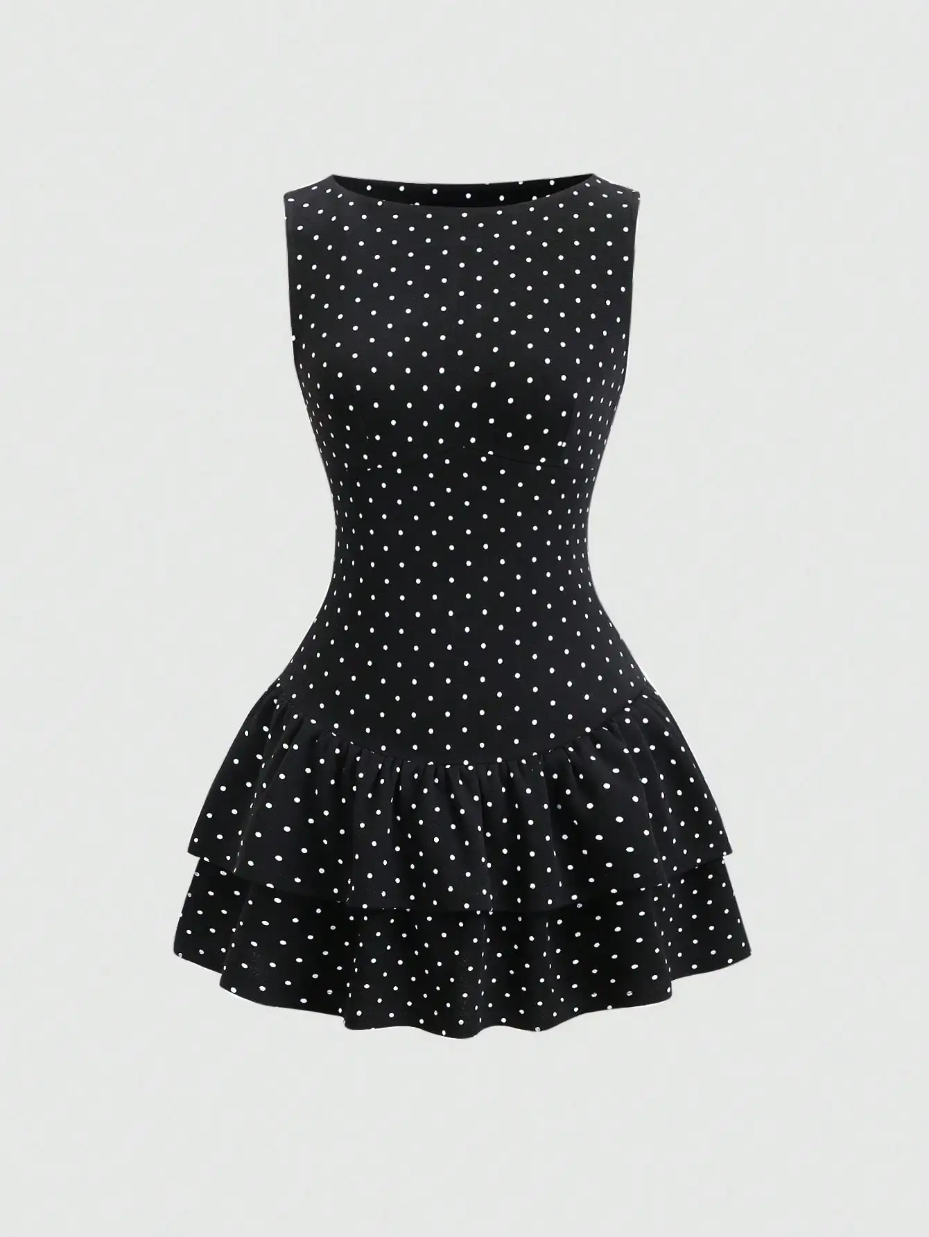Spring/Summer French Retro Polka Dot Romantic Sleeveless Cinched Waist Double Ruffle Hem Elegant Commuter Dress For Women