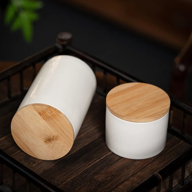 Creative Sealed Jar Cylindrical Ceramic Tea Jar Bamboo Lid Kitchen White Porcelain Storage Box Food Storage Container Home Decor