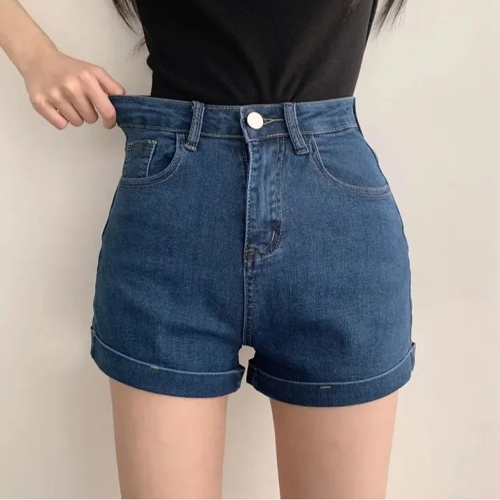 

Summer Vintage High Waist A-Line Slimming Elastic Cuffed Denim Shorts Women's Hot Pants Cotton Stretch Denim Short Length
