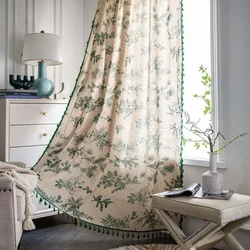 Green Leaves Cotton Linen Curtain for Living Room with Tassel Window Drapes Rod Pockets Door Closet Valance Bedroom Decor 240