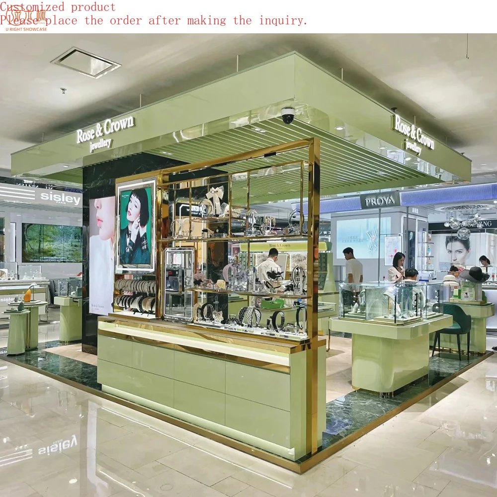 

Green Stainless Steel Jewellery Kiosk Custom Light Luxury Shopping Mall Jewelry Display Counter Factory Direct Sales