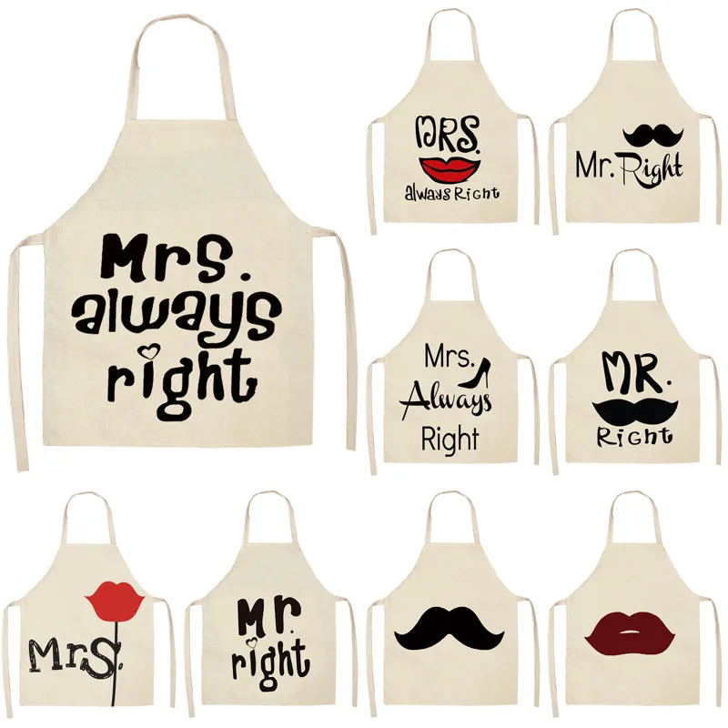 1Pcs Mr Mrs Couples Kitchen Aprons Unisex Dinner Party Cooking Bibs Cotton Linen Funny Pinafore Cleaning Tools 53*65cm