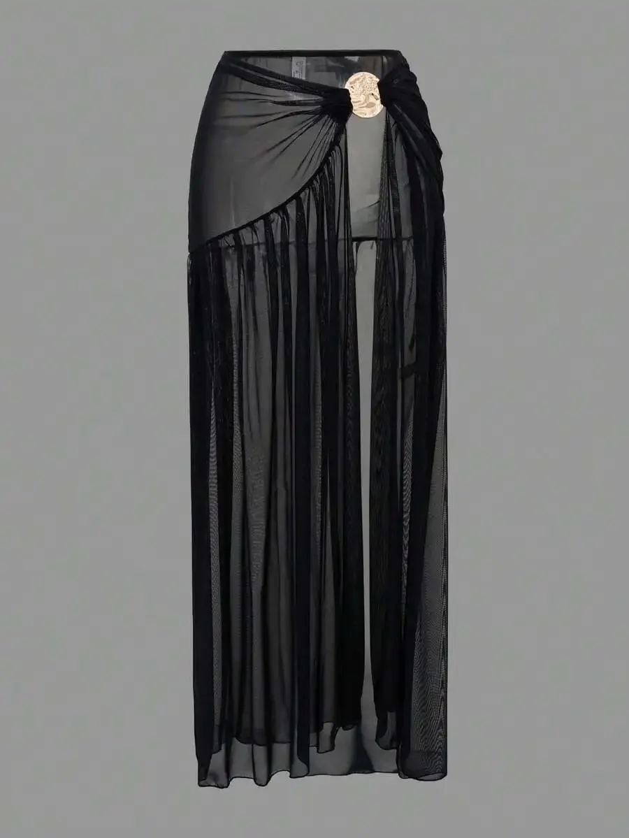 Black Sheer Maxi Skirt With Metal Accent Wrap Style Beach Cover Up