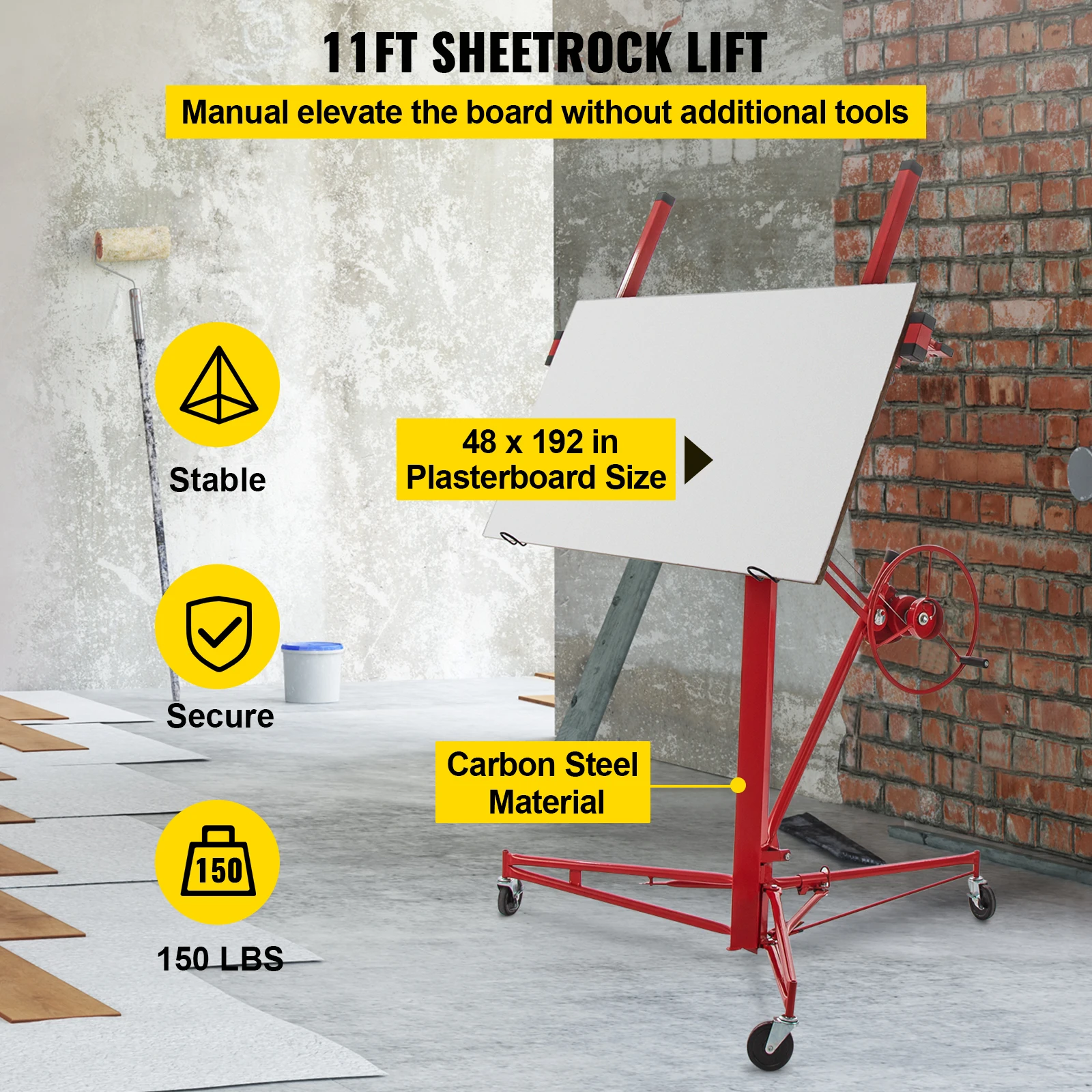 VEVOR 11FT Drywall Rolling Lifter with Lockable Wheels 150Lbs Capacity Heavy Duty Plasterboard Panel Tilting Hoist Jack Lifter  