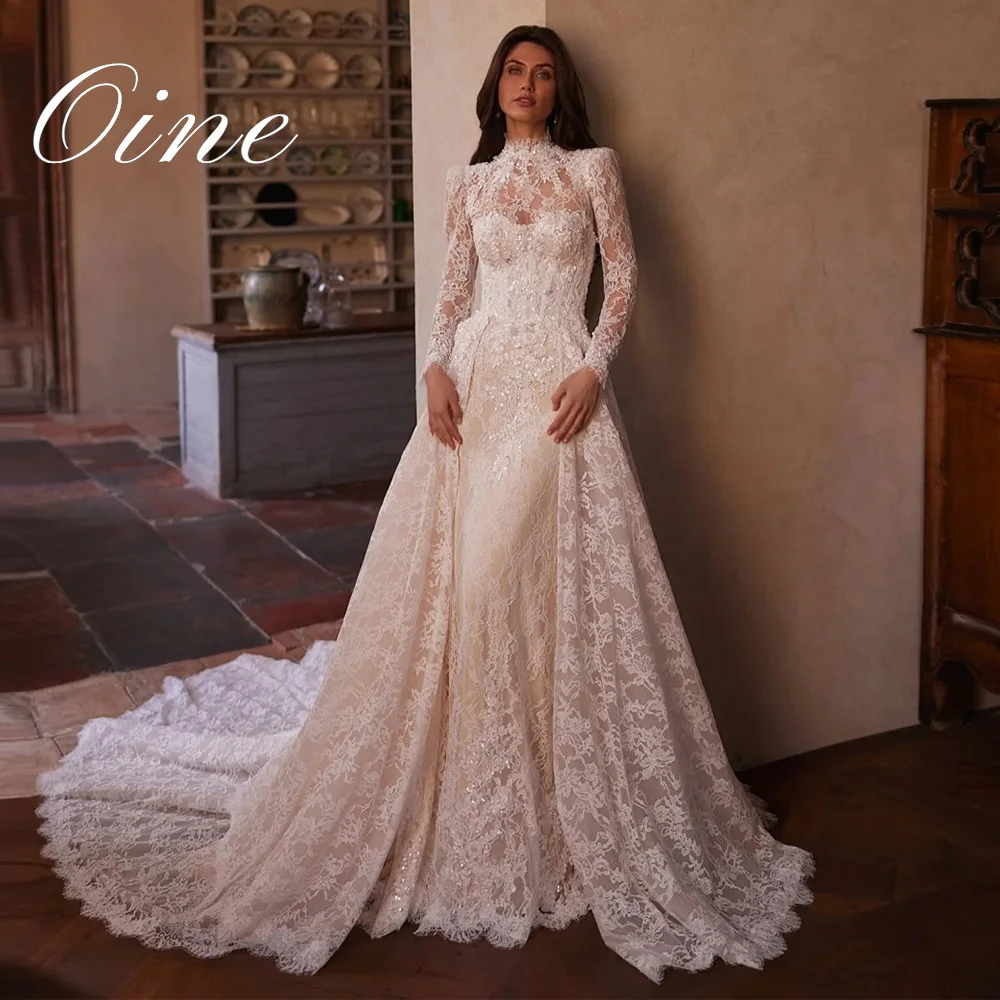 Oine Abnehmbarer Schleppenschleier Perlenbesetztes Spitzen-Brautkleid Luxuriöses Hochgeschlossenes Langarm-Brautkleid Maßgeschneiderte Elegante Kleider 2026
