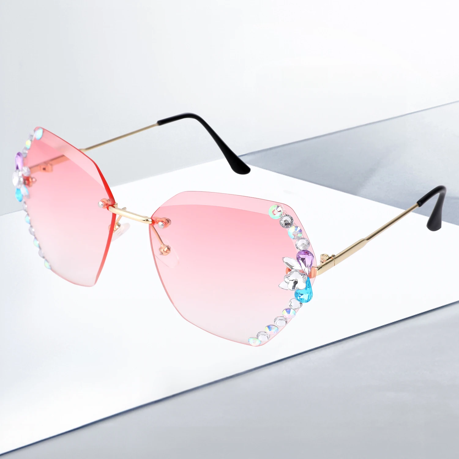 Rimless Diamond Sunglasses Women Men Fashion Polygon Oversized Frameless Glasses Retro Pink Gradient Car Driving Sun Glasses