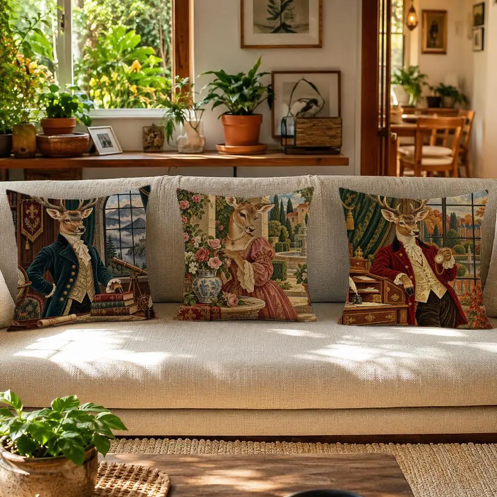 Funny Portrait Of Deer Animals Cushion Cover Skin-Friendly Organic Linen Pillow Cover Durable Hypoallergenic Washable Soft