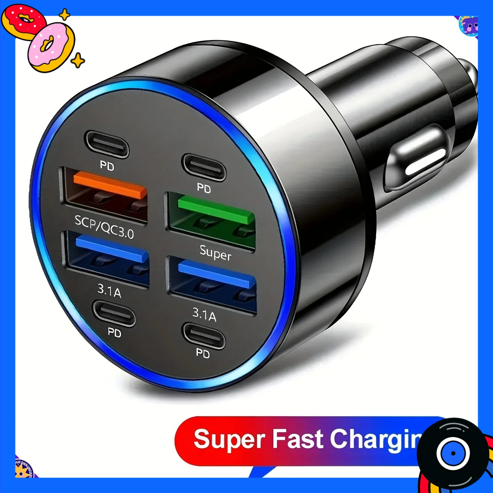شاحن هاتف محمول للسيارة 8 في 1 مع QC3.0 شحن سريع PD + USB مؤشر LED مزدوج الإخراج مدمج ومحمول مناسب للسيارات #2