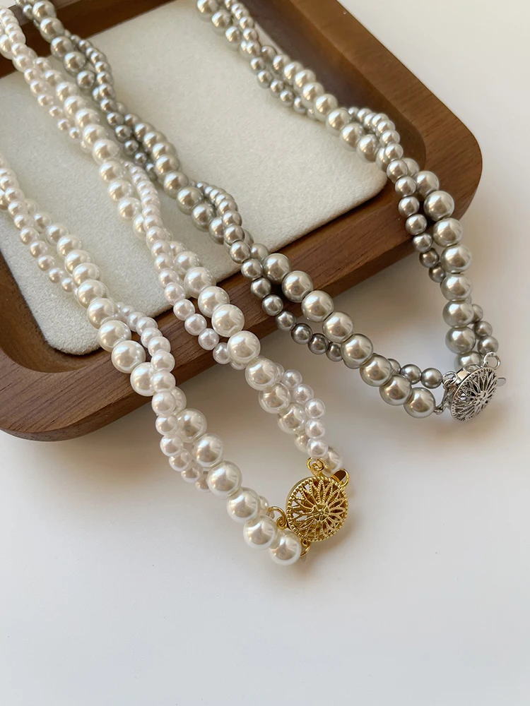 French elegant gentle double-layer winding pearl necklace round pendant sweater chain