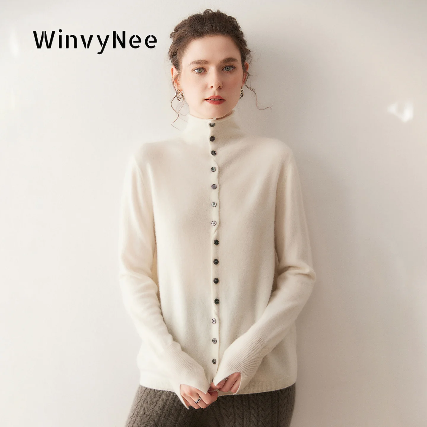 WinvyNee Womens Plain Fine Wool Button Cardigans Top Thermal Soft Silky Relaxed Minimal Chic Cold Season Daily Outfit B1654018