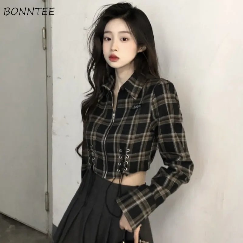 Crop Plaid Shirts Women Streetwear European Teens Personal Long Sleeve Zip-Up Y2k Clothes Рубашки Hotsweet Sexy Slim Hipster New