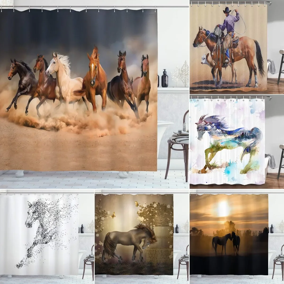 Shower Curtain Waterproof Shower Curtain Luxury Horse Shower Curtain Western Masculine Horses Run In Farm Field Animal Farmhouse