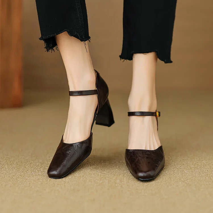 Black Cow Leather Women Pumps Square Toe Single High Heels Mary Jeans Vintage Brown Office Work Stilettos Beige Shallow Zapatos