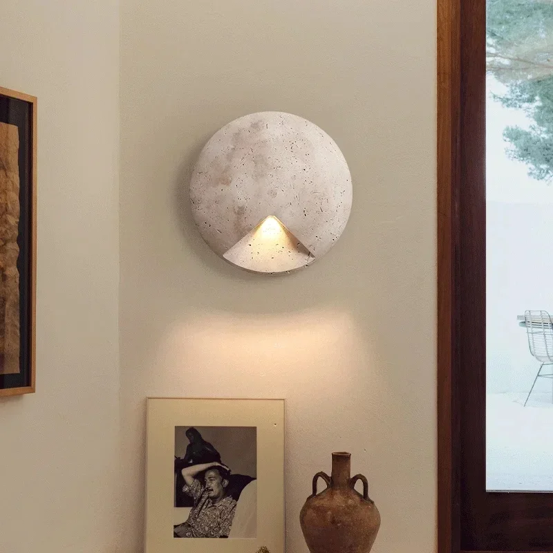 Round Natural Travertine Wall Sconce with Triangle Cutout Stone LED Wall Lamp, Providing Warm Light for Bedroom, Corridor, and E