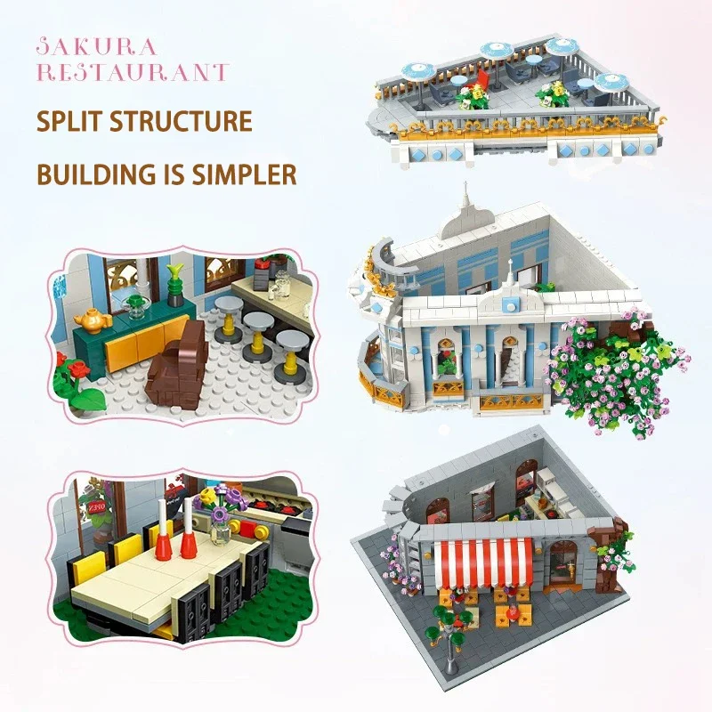 Décennie s de construction de restaurant Sakura pour enfants, série Street View, tiges créatives, modèle de café de la ville, jouets en briques, cadeau de Noël, MOC