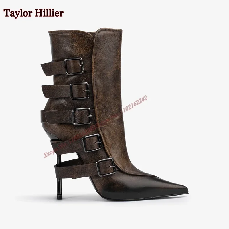 Botines de cuero con efecto Vintage para mujer, botas cortas con cremallera lateral, puntiagudas y hebillas, versátiles y modernas, color marrón