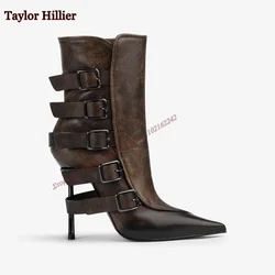 Brown Vintage Effect Leather Ankle Boot With Buckles Pointed Toe Stiletto Side Zipper Short Boots Women'S Versatile Modern Boots