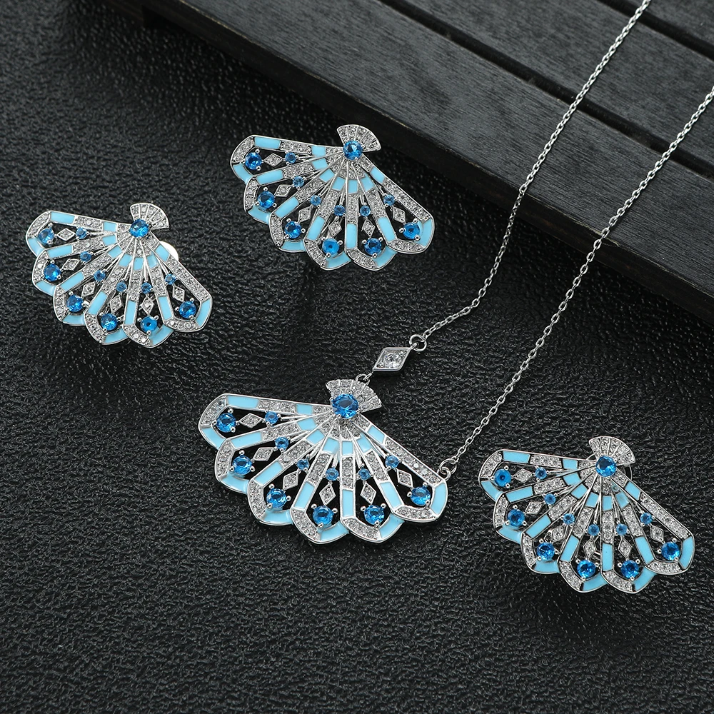 Luxury Sparkling Geometric Hollow Out Fan-shaped Cubic Zircon Dubai Bridal Rings  Necklace Stud Earring Jewelry Sets S521