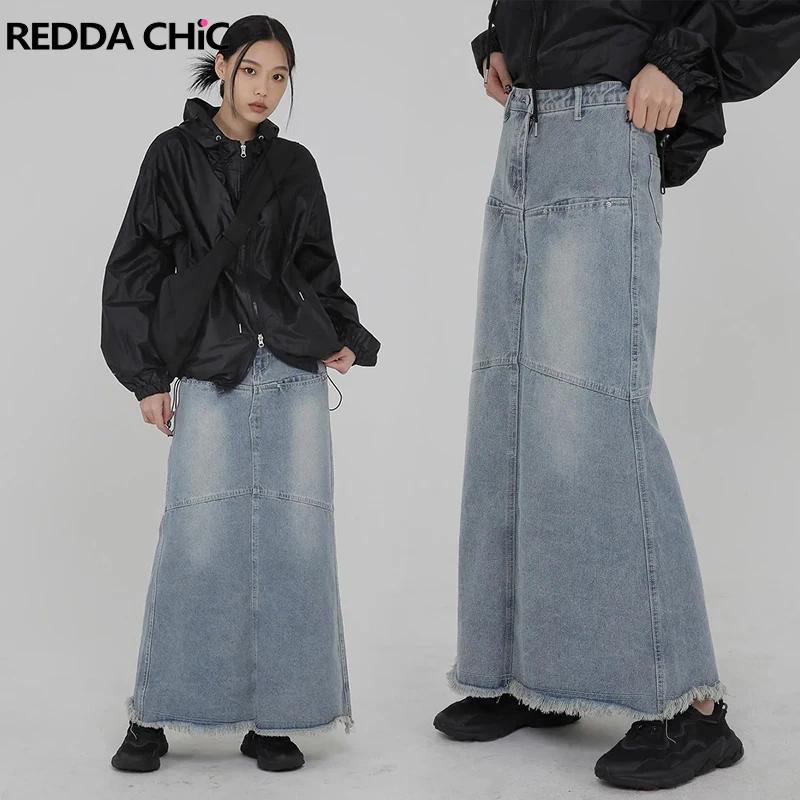 

ReddaChic Vintage Patchwork Low Waist Fishtail Floor Skirt Raw Edge Casual Maxi Long Jean Denim Skirt Grunge Y2k Female Bottoms