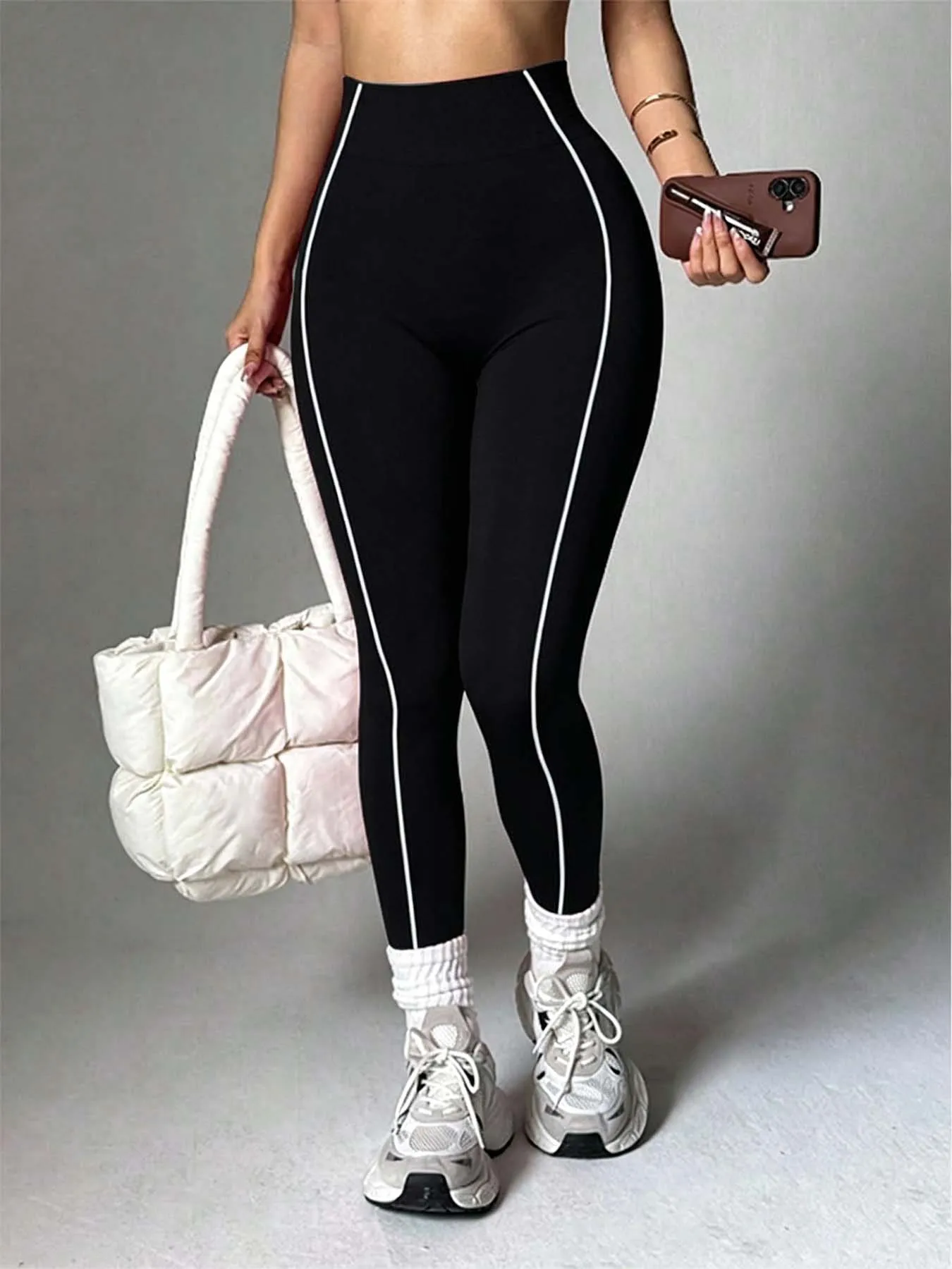 Women High Waist Side White Stripe Yoga Leggings Tummy Control Push Up Butt Fitness Pants Slim Running Gym Sports Tights