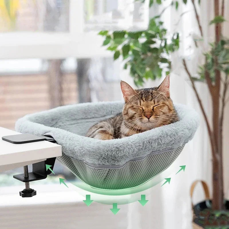 One-Click Folding Semi-Circular Cat Desk Hammock, Space Saving Sunken Design Cat Bed Perch for Indoor Home Office Kitten Rest