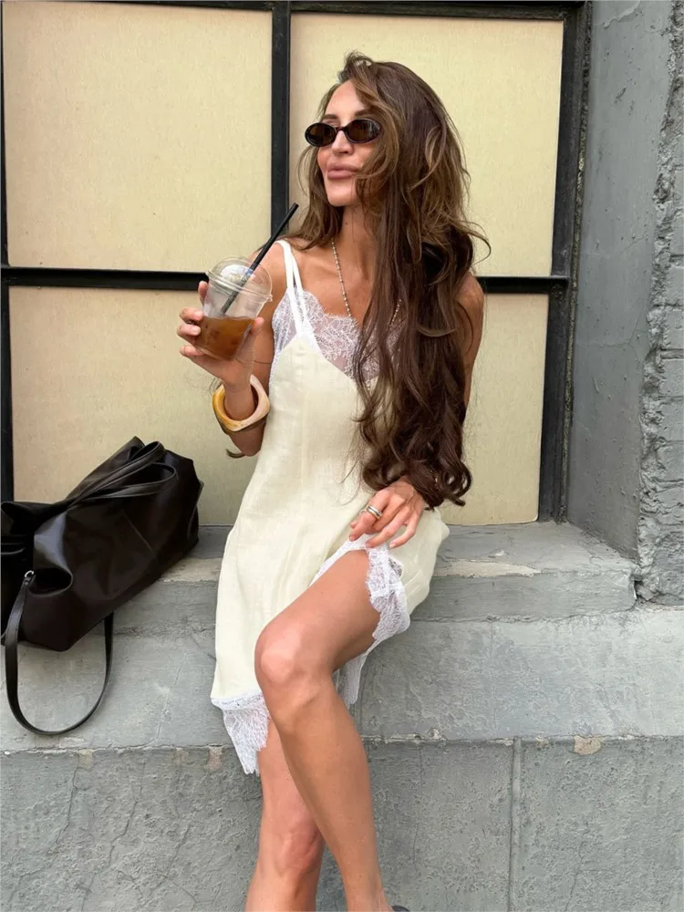 جديد الصيف مثير المرأة السباغيتي حزام الدانتيل تقليم المرقعة فستان قصير ، خمر بلا أكمام القطن كامي القمم ، Y2k ملابس نادي الحفلات #4