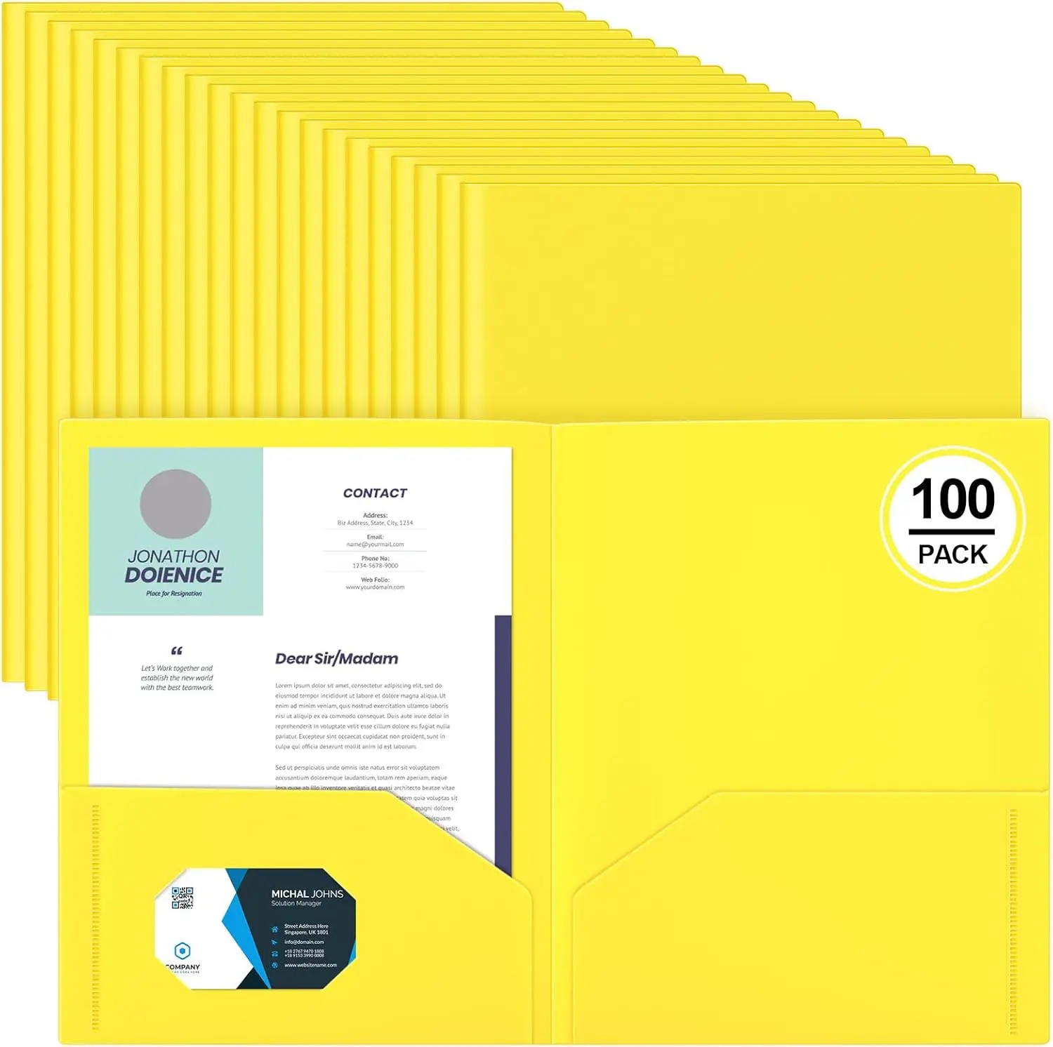 

100 Pack Plastic Folders with 2 Pockets, Letter Size, Heavy Duty, for Home Office School, Yellow