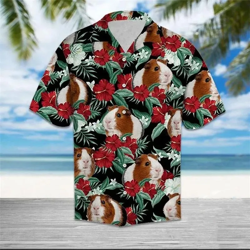 Kaus musim panas mode pria kaus gambar cetak 3d hewan Hamster Hawaii kaus kasual satu kancing lengan pendek kemeja ukuran besar pantai