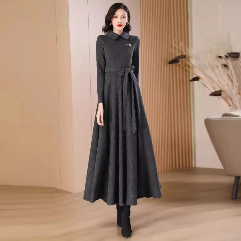 

New Women Woolen Dress Autumn Winter Fashion Peter pan Collar Long Sleeve Slim Long Dress Elegant Dark Gray Wool Blends Dress