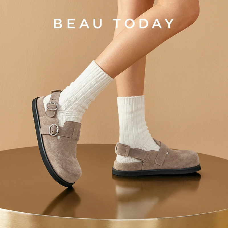 

BEAUTODAY повседневная женская обувь на плоской подошве из натуральной коровьей замши, однотонная женская обувь с металлической пряжкой и ремешком на спине, круглый носок, ручная работа 34599