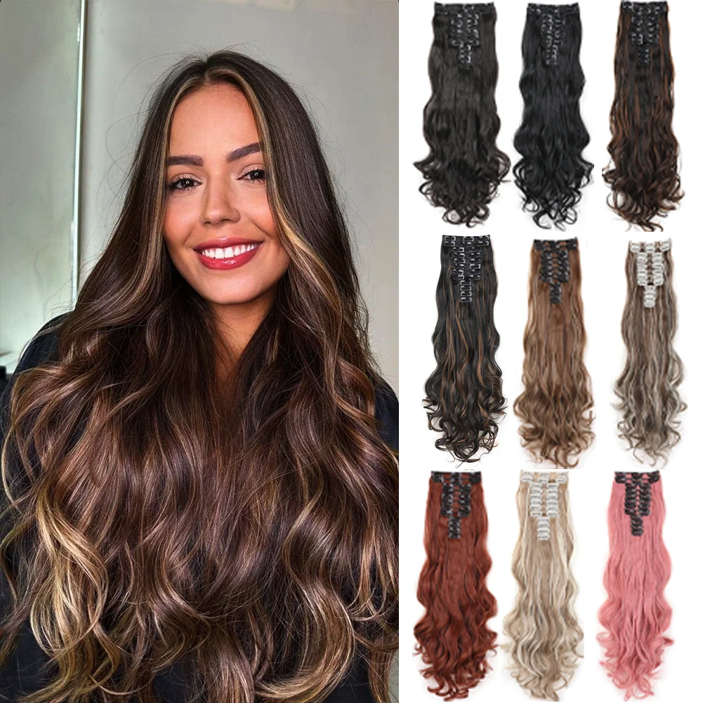 12pcs Highlight Balayage Dark Brown Hairpieces Clip in Hair Extensions 24inch Light Brown&Honey Blonde Synthetic Wavy Hair