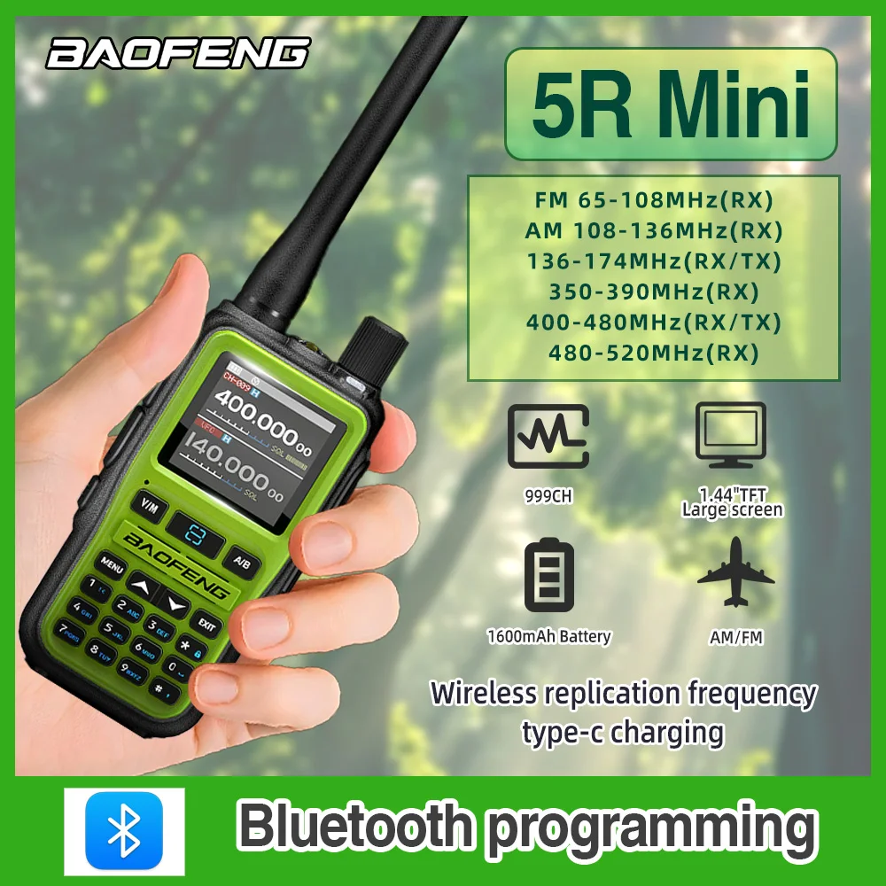 1PC Baofeng UV-5R Mini Walkie Talkie Dual PTT Wireless Bluetooth Programming AM/FM Camping Portable 2 Long Range Ham Radio Hotel