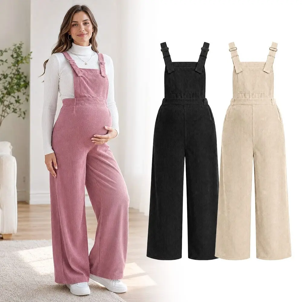 Solid Color Maternity Overalls Adjustable Strap Elastic Waist Corduroy Overalls Corduroy Fabric Loose Fit Maternity Trousers