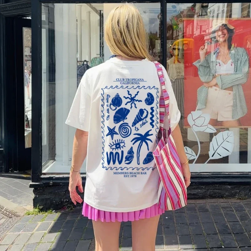 عودة طباعة الساحلية الشاطئ تي شيرت لطيف Y2k صدف الجرافيك تيز فضفاض الجمالية الرجعية بوهو عطلة القمم القطن الملابس النسائية #2