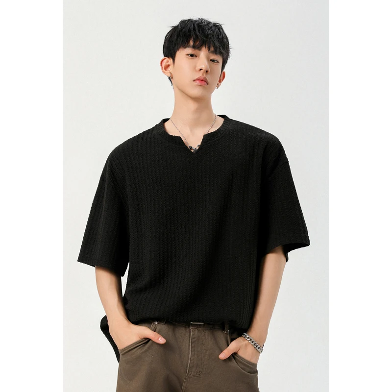 Men's Basic Short Sleeve T-Shirt Vertical Textured Fabric Notch V Neck Soft Knit Daily Wear Top Unisex Clothing
