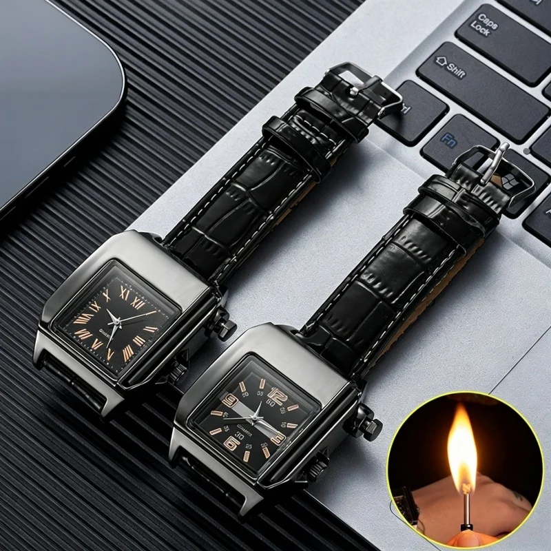 Creative Reusable Match Watch Lighter Unique 2 In 1 Quartz Wrist Watch & Metal Permanent Match Igniter Vintage Men Fashion Gift