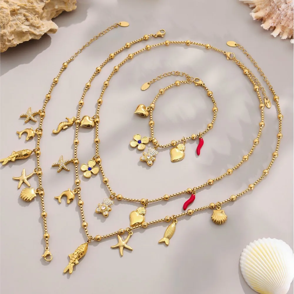 الفولاذ المقاوم للصدأ قلادة سوار للنساء 18 كيلو مطلية بالذهب مع الأسماك نجم البحر شل سحر القلائد النسائية مطابقة الأساور
