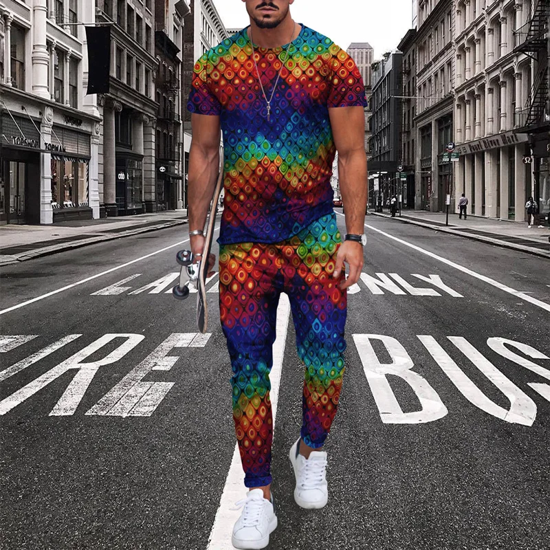 2022 Summer Men Tracksuit Color Splash 3D Printed Short Sleeve T Shirt Long Pants 2-częściowe zestawy Casual Trend Oversized Clothing