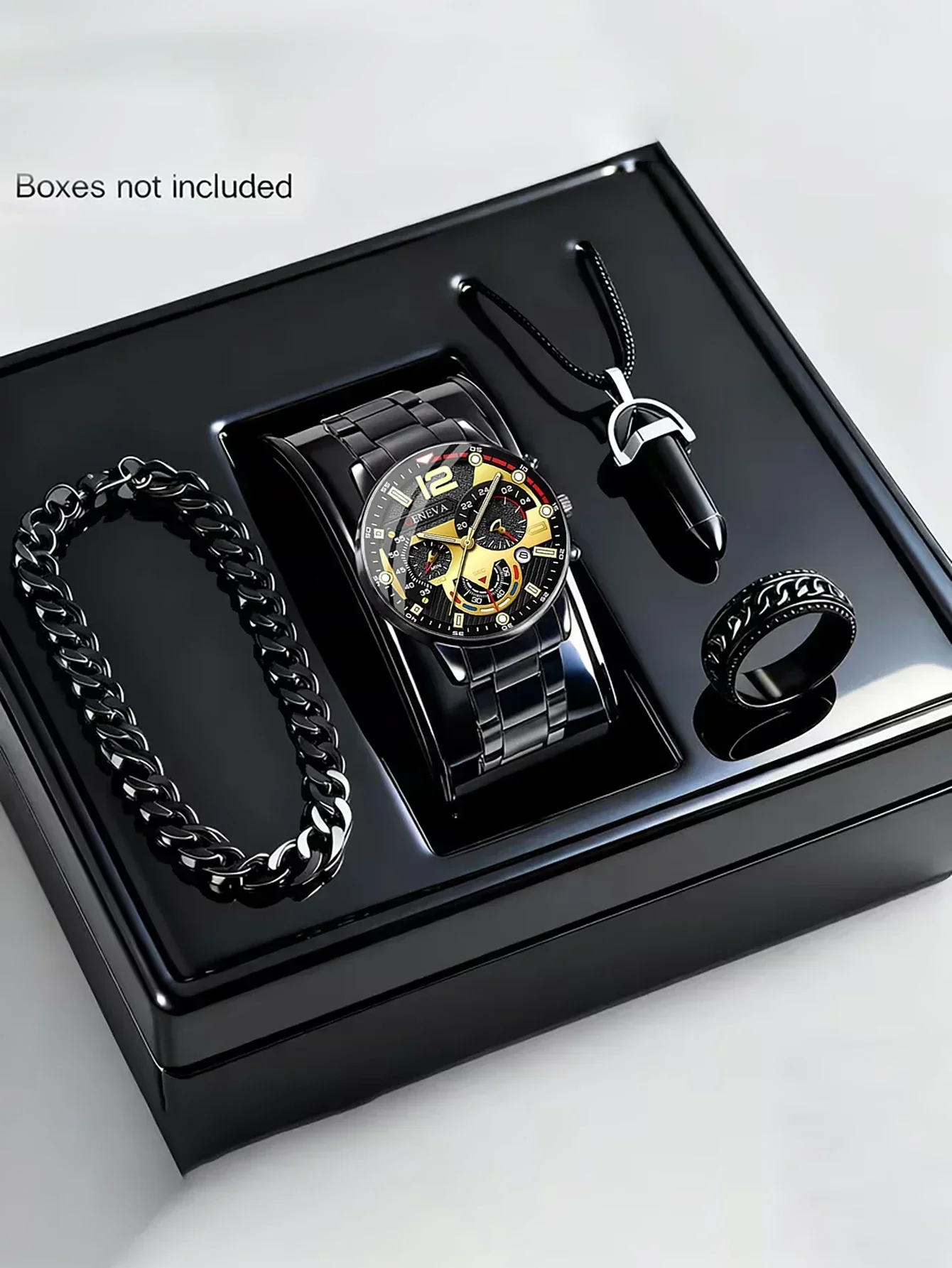 Fashion 4 in 1 Mens Watch Jewelry Set Black Multi-function Dial Quartz Wristwatch Bullet Necklace Curb Bracelet Ring Men Gift