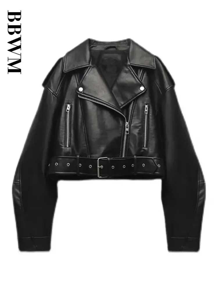 Damska kurtka motocyklowa BBWM oversize w stylu vintage, luźna, z imitacji skóry PU, krótka, z paskiem, streetwearowa, zapinana na zamek, retro, motocyklowa, odzież wierzchnia.