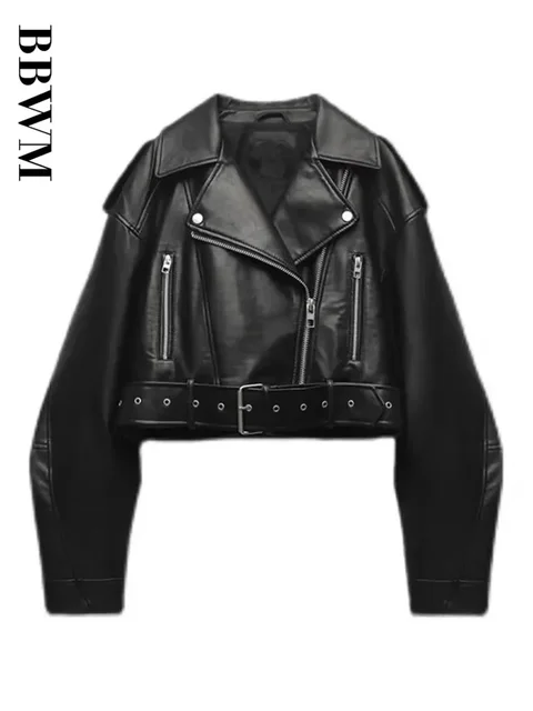Damska kurtka motocyklowa BBWM oversize w stylu vintage, luźna, z imitacji skóry PU, krótka, z paskiem, streetwearowa, zapinana na zamek, retro, motocyklowa, odzież wierzchnia.