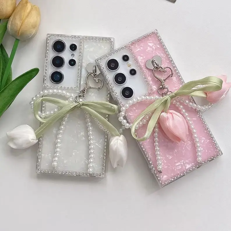 Elegant Cottage Silk Ribbon Tulip Bow Phone Case for S26 Ultra Glitter Shell Texture Protective Cover for Samsung Galaxy S25 A56